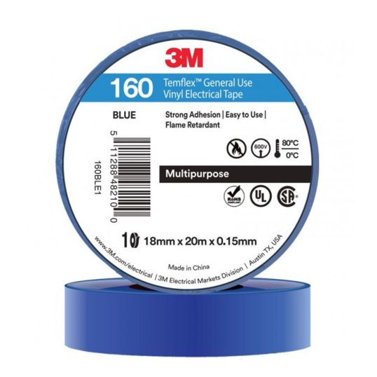 3M Temflex Vinyl Electrical Tape 160 Blue 18mm x 20m