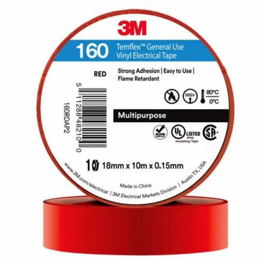 3M Temflex Vinyl Electrical Tape 160 Red 18mm x 20m