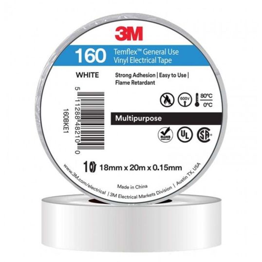 3M Temflex Vinyl Electrical Tape 160 White 18mm x 20m