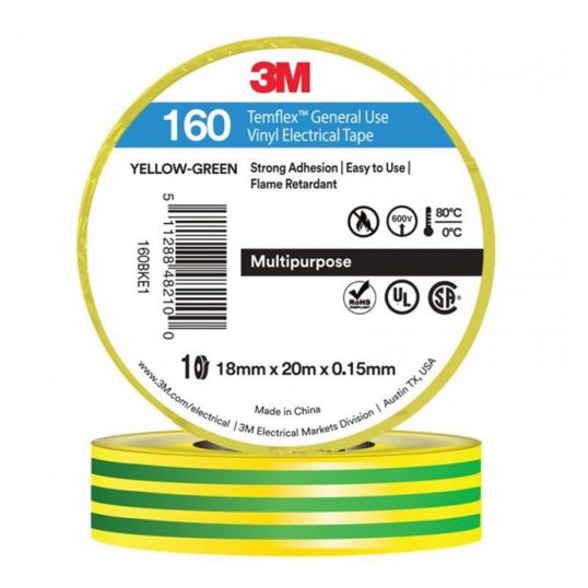 3M Temflex Vinyl Electrical Tape 160 Green/Yellow 18mm x 20m