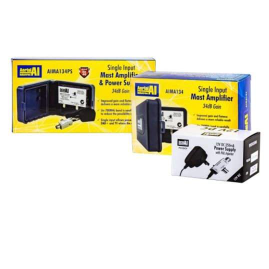 Aerial Industries MAAMP Masthead Amplifier 34dB Gain VHF UHF Single Input with 12VDC PAL Power Supply